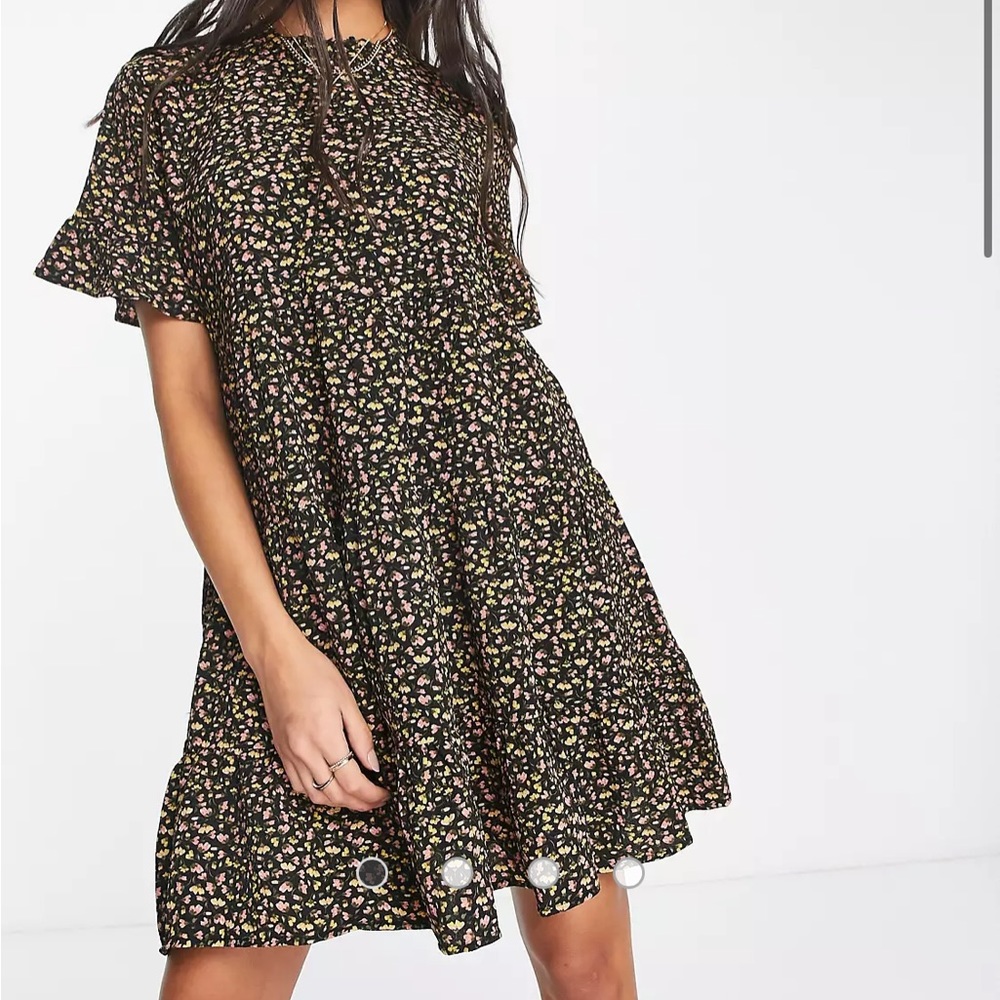 Peach and yellow ditsy floral smock dress